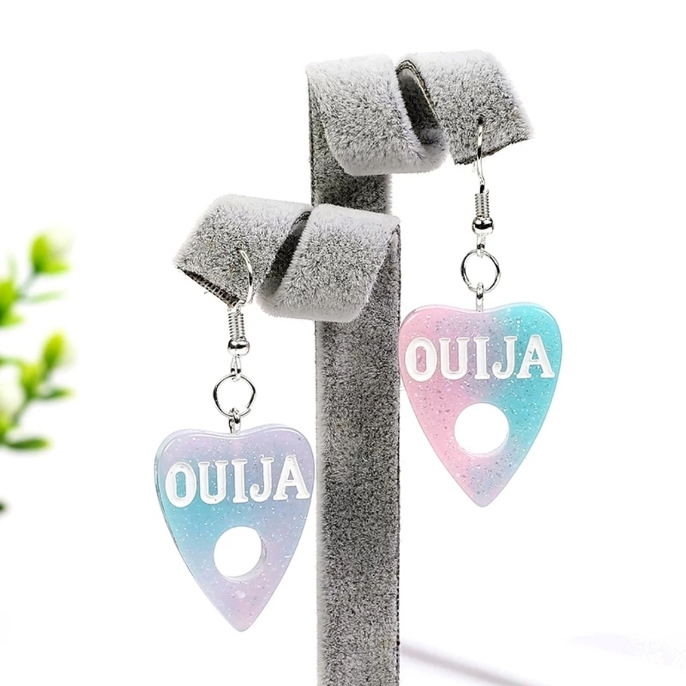 Ouija Planchette Blue Pink Glitter Resin Earrings